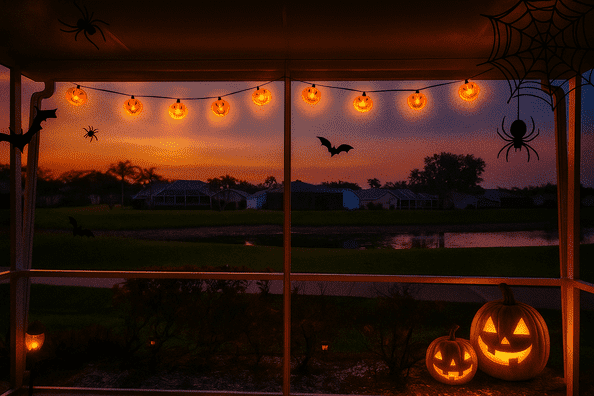 Halloween-themed patio in South Florida with a clean screen enclosure, pumpkins, and lights