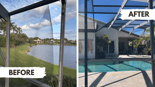Hail Damage Screen Repair in Boynton Beach, Greenacres, and Wellington 2 Before and after screen enclosure repair in Greenacres